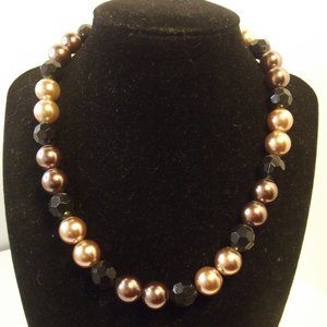 Vintage RMN Beaded Necklace Metallic Pink & Bronze Faux Pearl & Black Bead